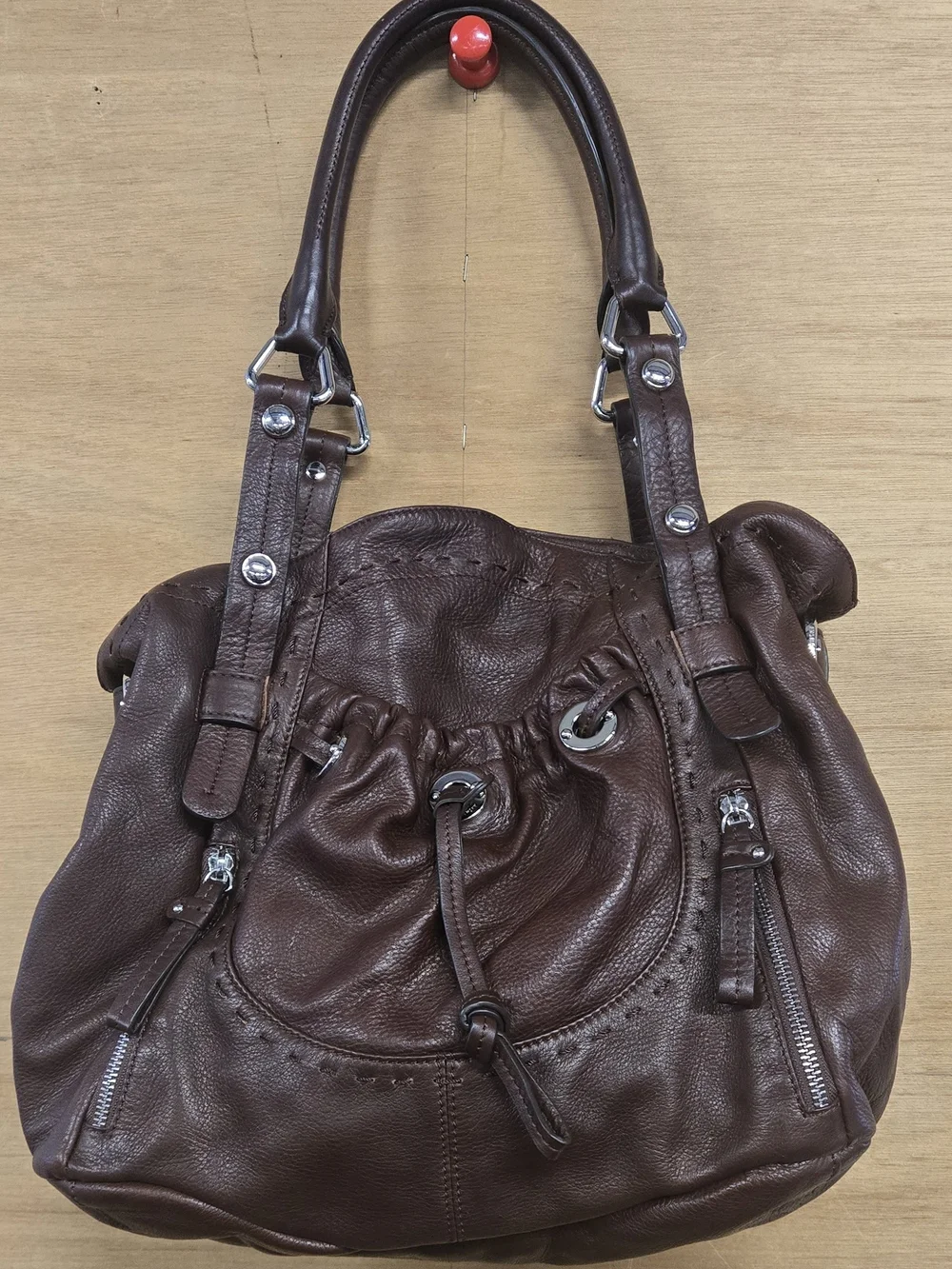 b. makowsky Brown Leather Shoulder Tote with Silver Hardware